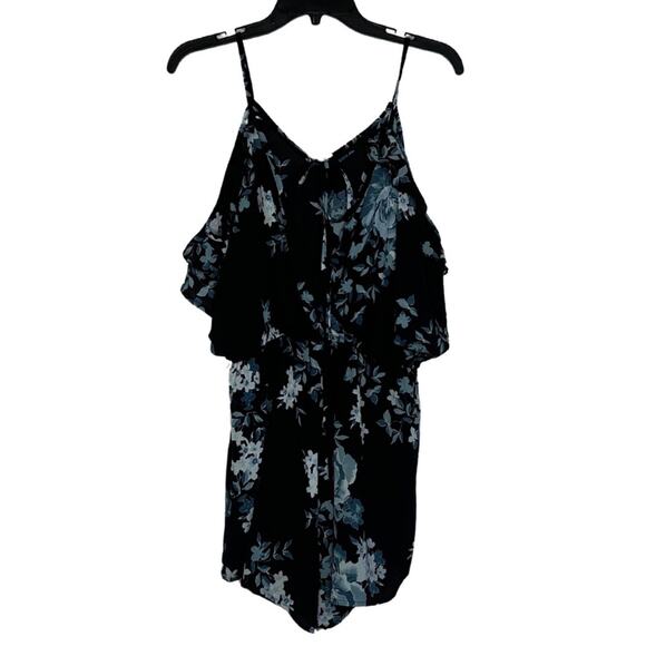 Black Blue Floral Aqua Cold Shoulder Wrap Spaghetti Strap Tie Romper C27 - Picture 1 of 11